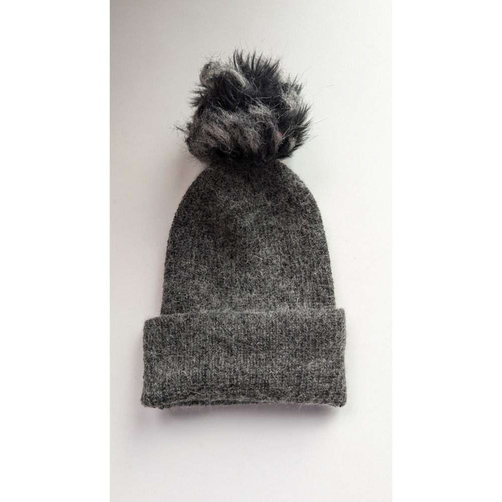 Hat Beanie Mohair Wool Blend  Faux Fur Pom-Pom Grey